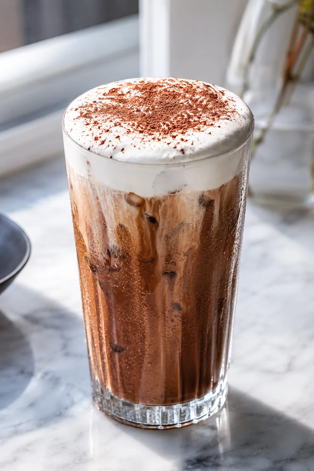 Iced Fomo Coffee topped with coconut foam and a dusting of cocoa