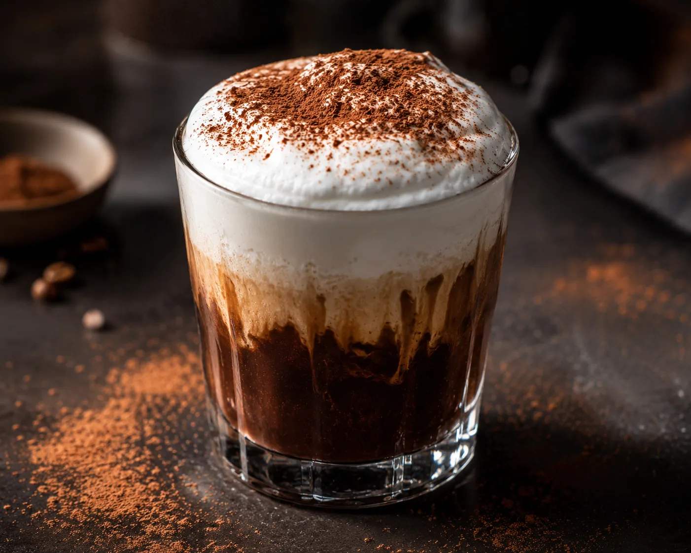 Moody, dark shot of the cocoa espresso base for Fomo Coffee