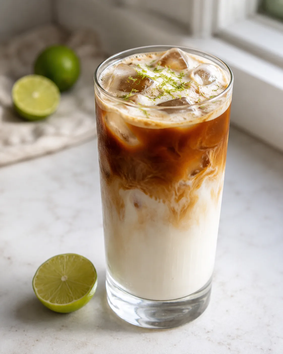 Iced Key Lime Latte garnished with fresh lime