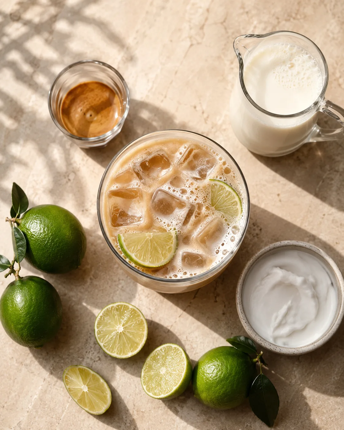 Ingredients for the Key Lime Latte: espresso, milk, coconut cream, and lime