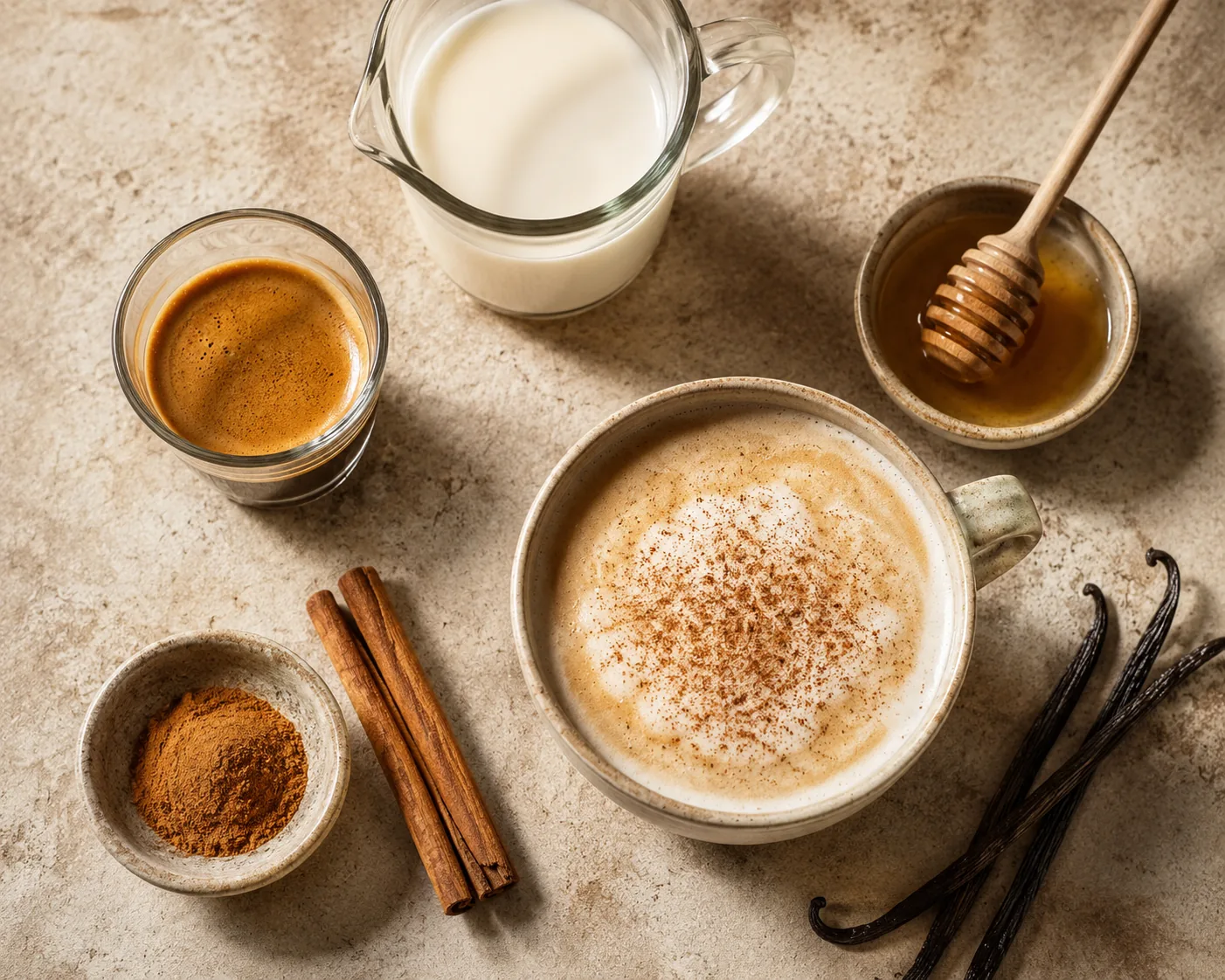 Ingredients for the Onyx Delight: espresso, milk, honey, cinnamon, and vanilla
