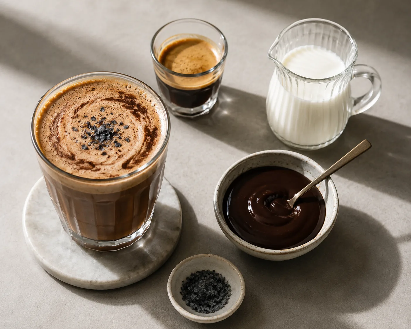 Ingredients for the Salt Mocha: house-made chocolate, espresso, milk, and black salt