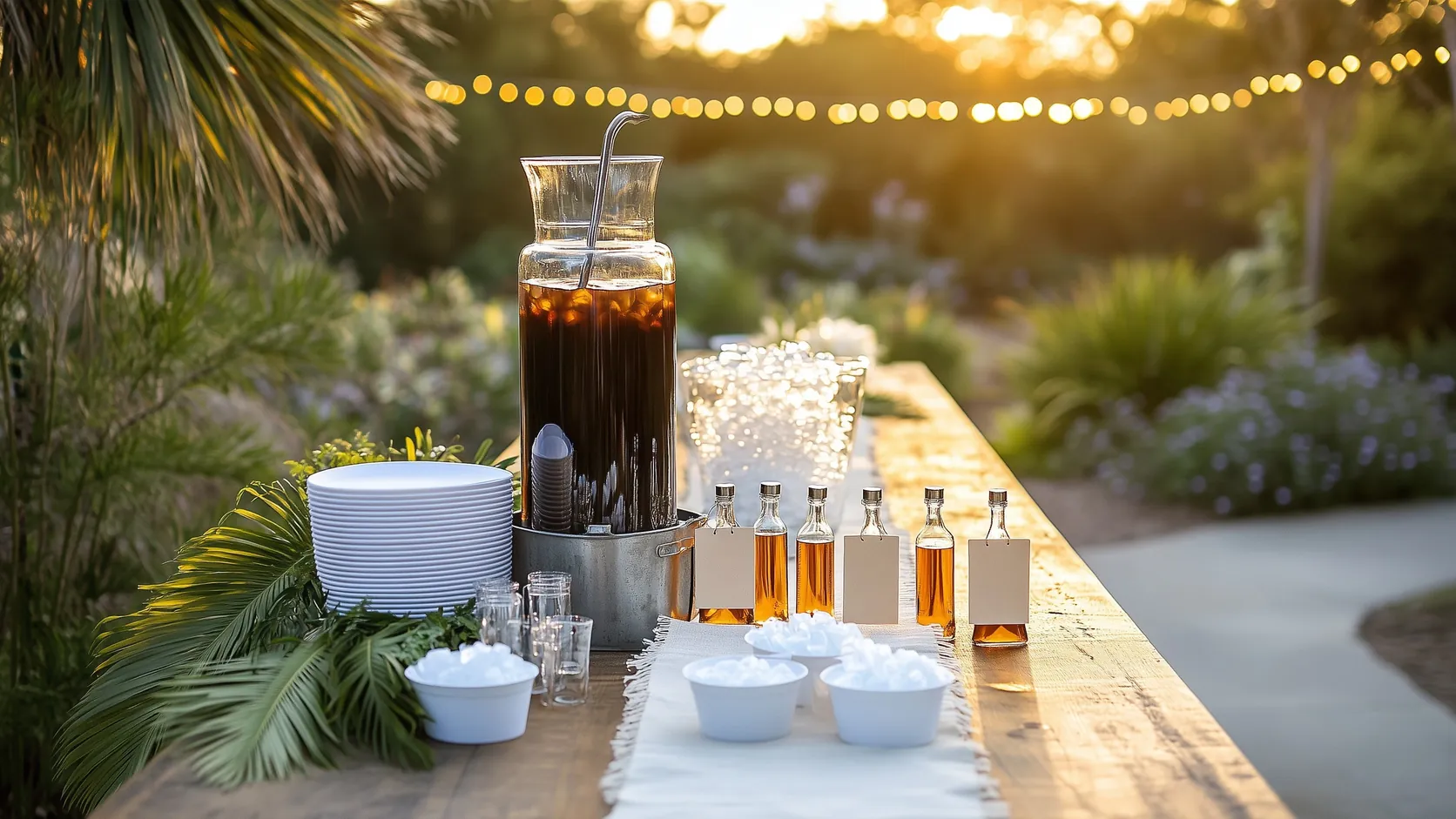 Outdoor party coffee bar at sunset with a cold brew dispenser, syrup bottles, and bowls of ice on a wooden table
