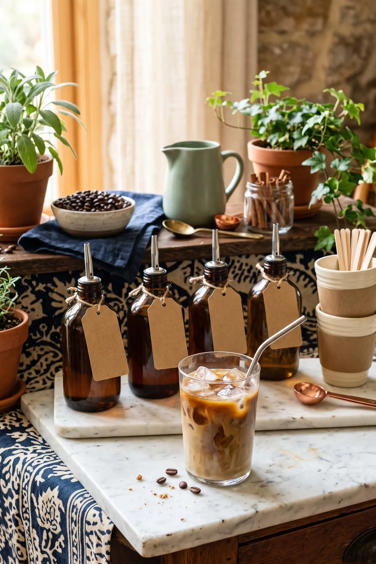 A syrup flavor station with matching glass bottles of coffee syrups