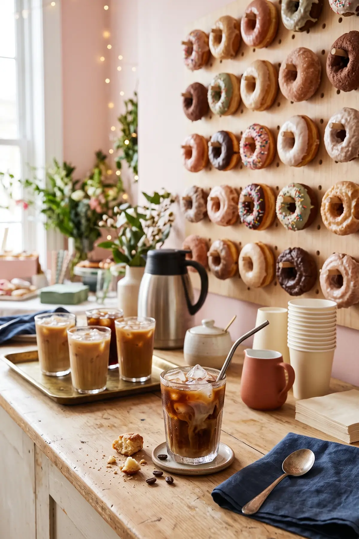 A coffee and donut bar with donuts displayed beside the coffee