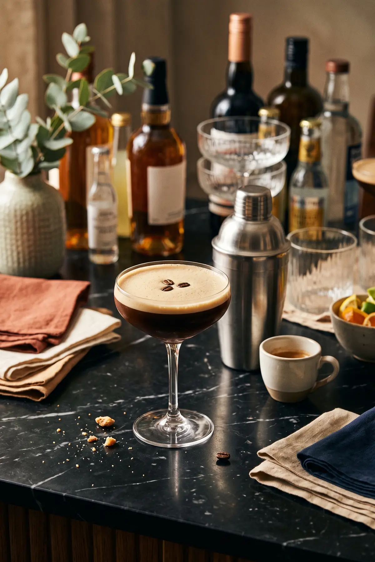 An espresso martini corner with coffee liqueur and a cocktail shaker
