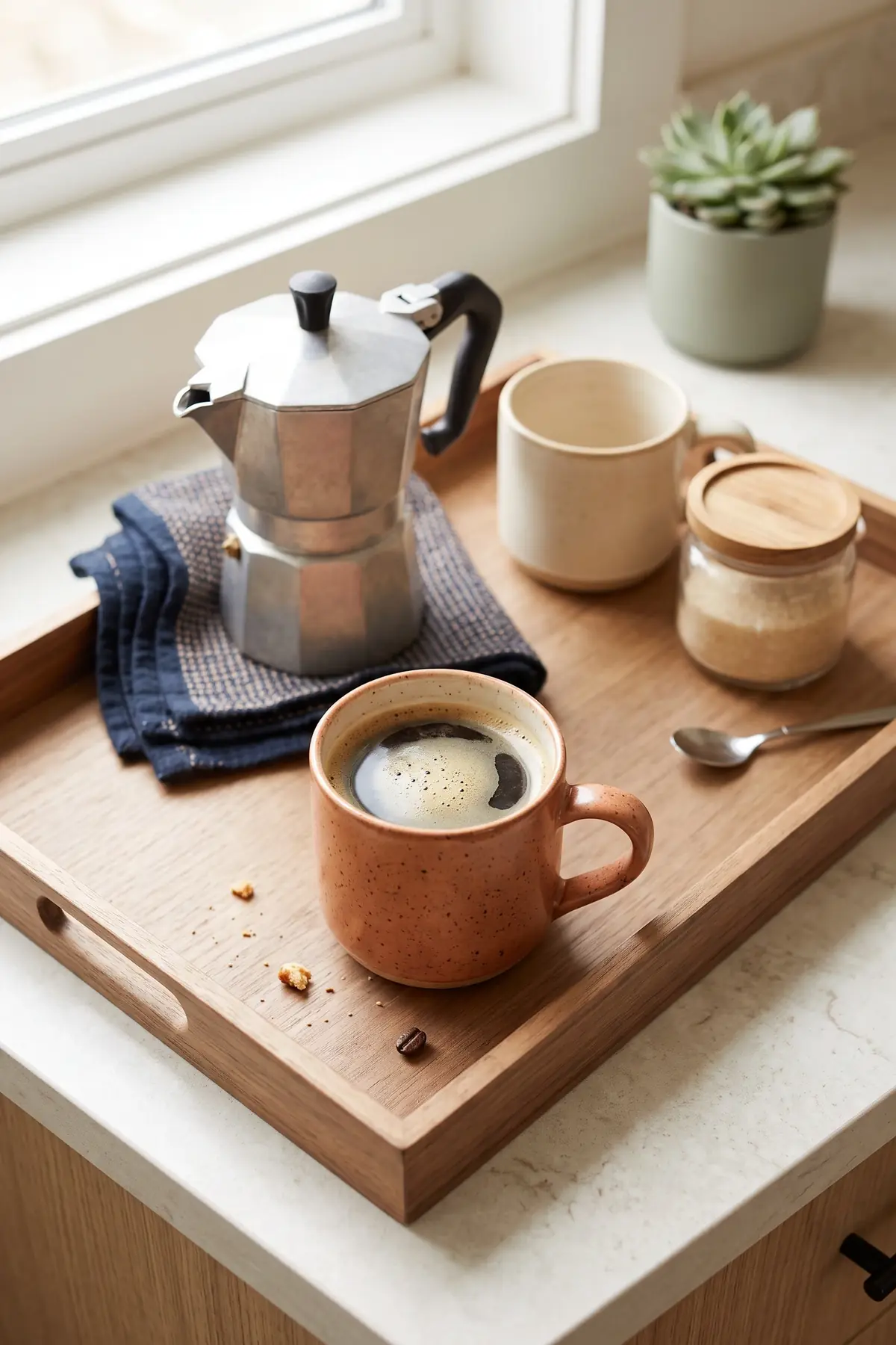 A serving tray coffee station grouping a coffee maker, sugar, and mugs on a counter