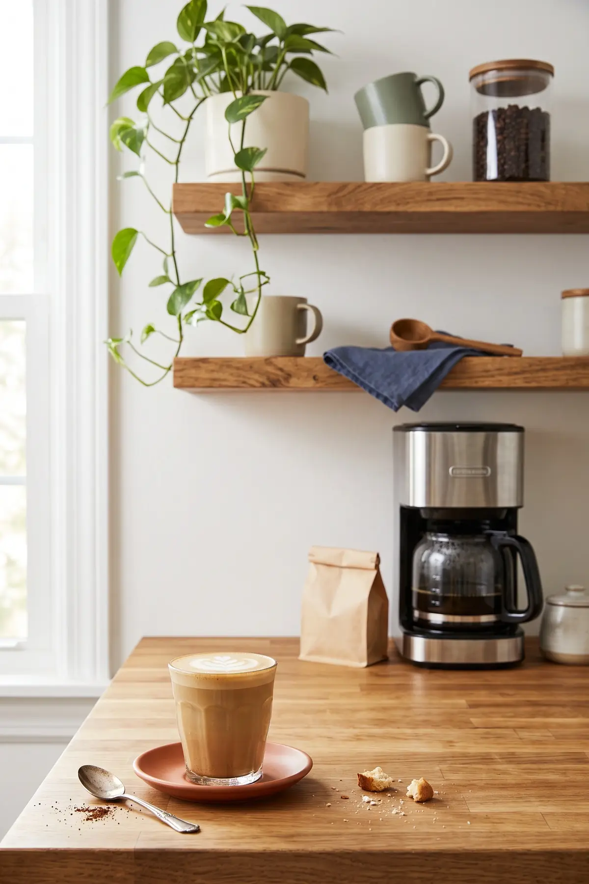 Floating shelves above a counter holding mugs, coffee bean jars, and plants