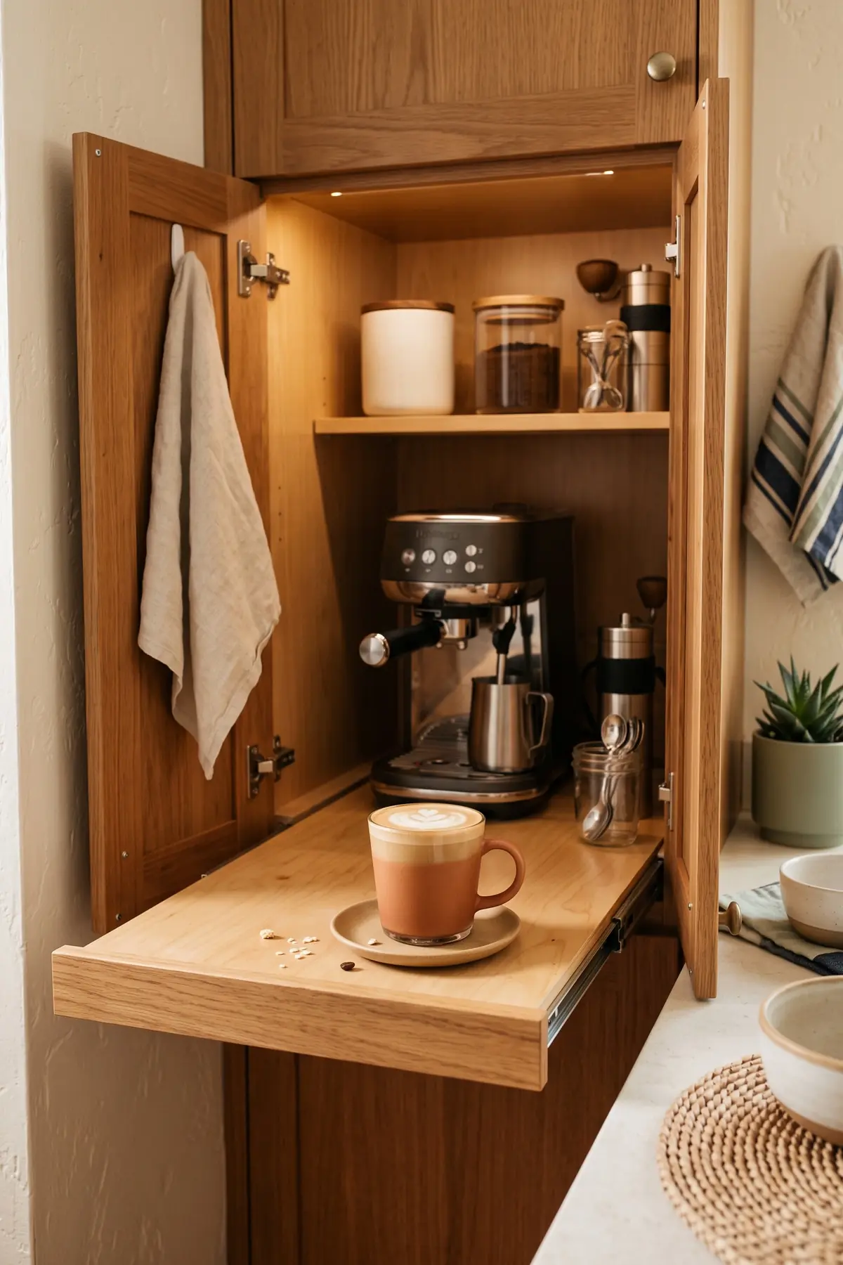 A hidden coffee station inside a deep cabinet with pocket doors