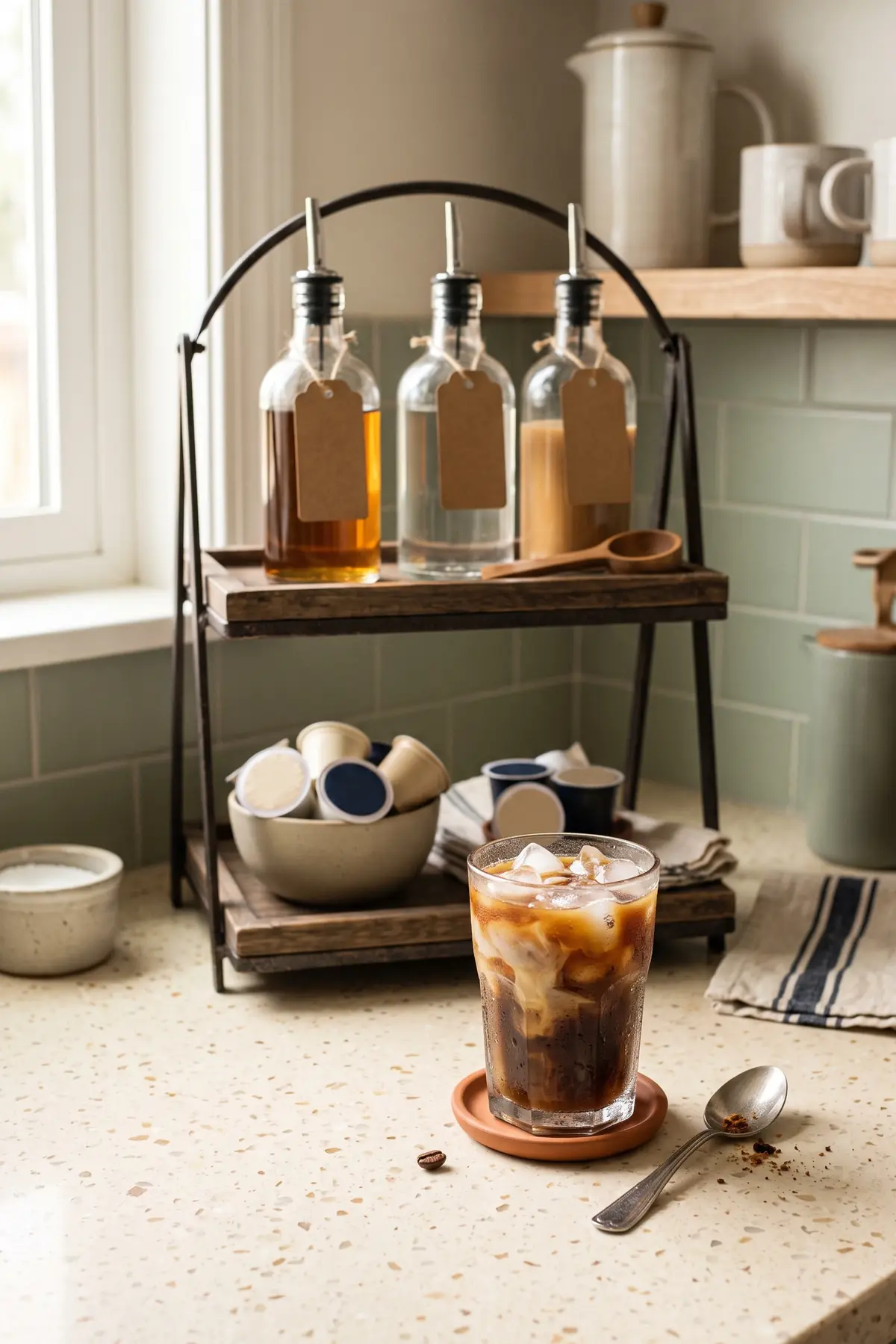 A two-tier tray coffee bar with syrups on top and coffee pods below