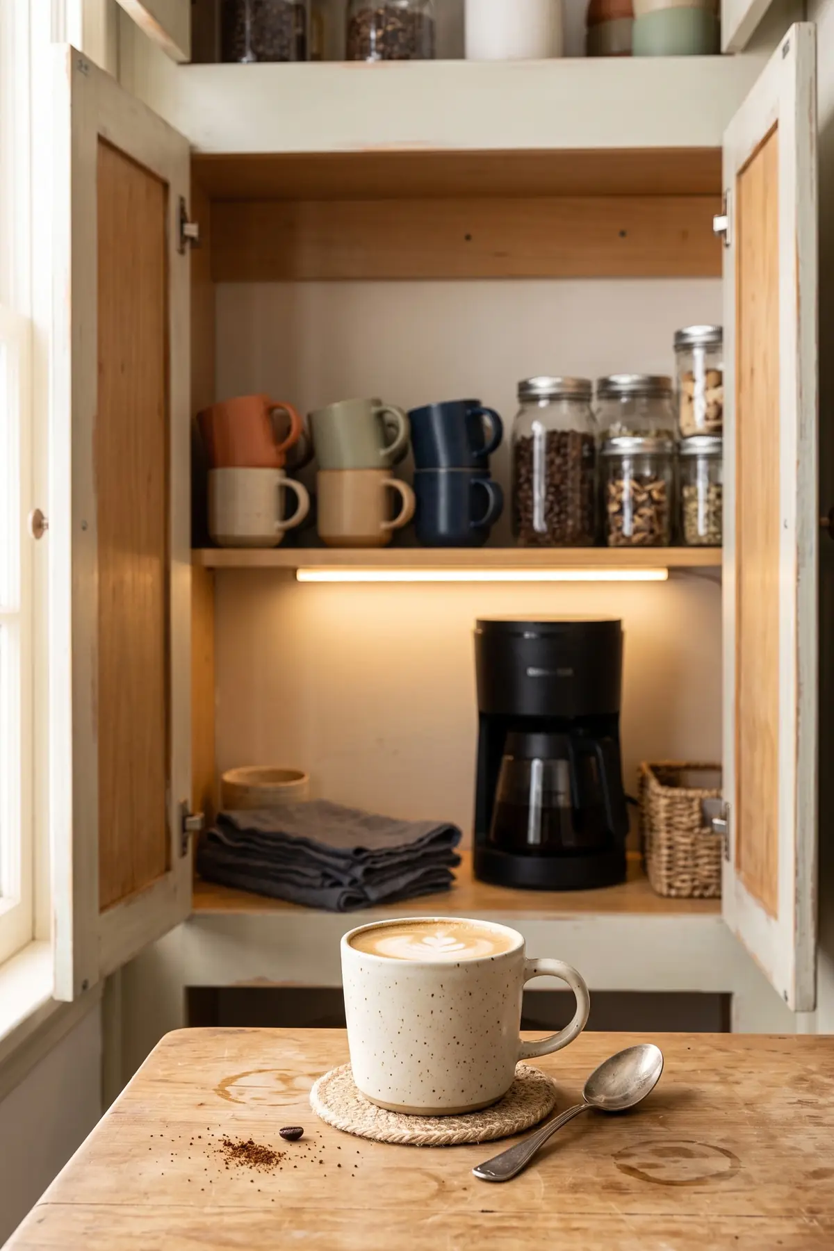A small closet converted into a coffee bar with shelves and lighting