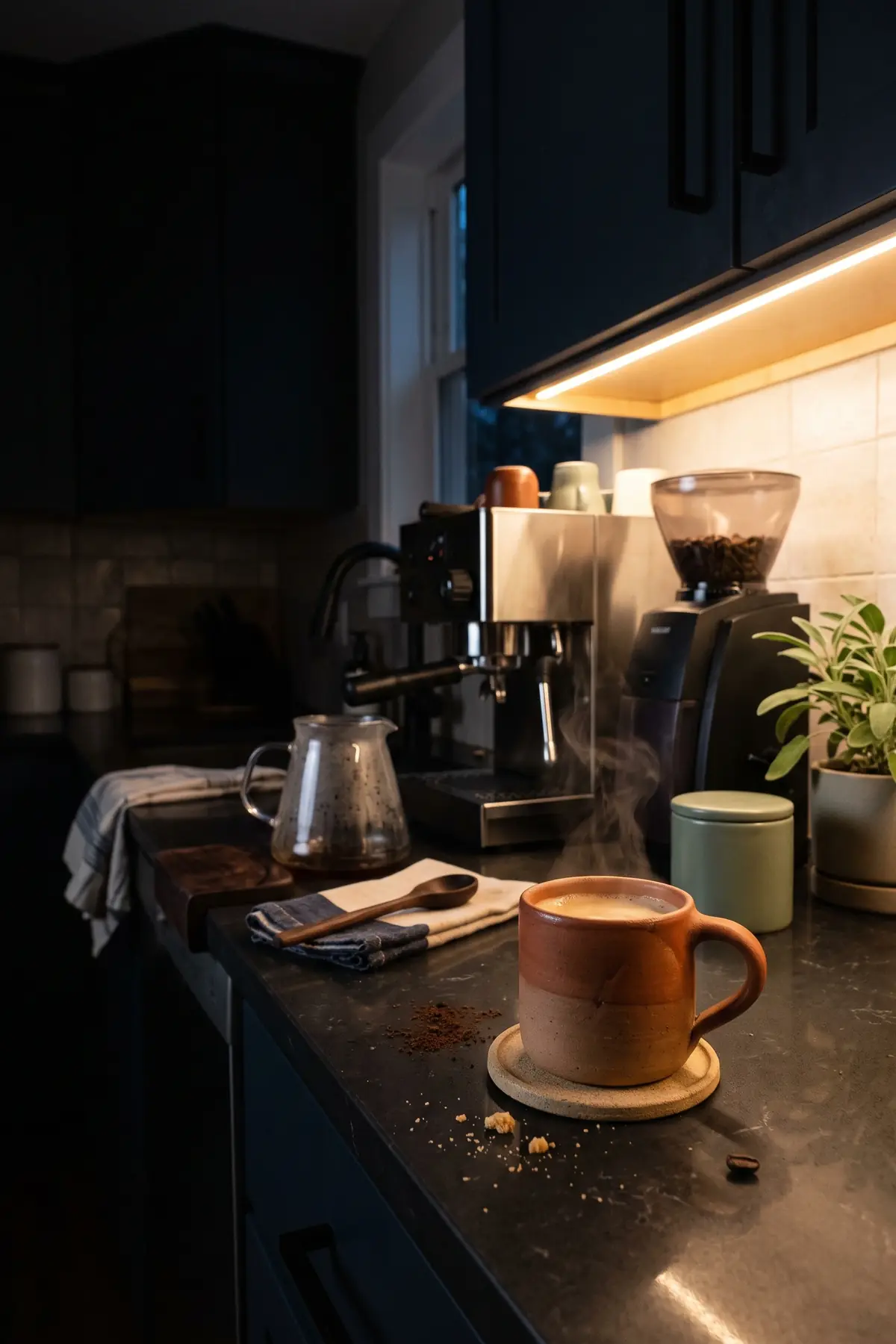 A coffee bar lit by under-cabinet lights