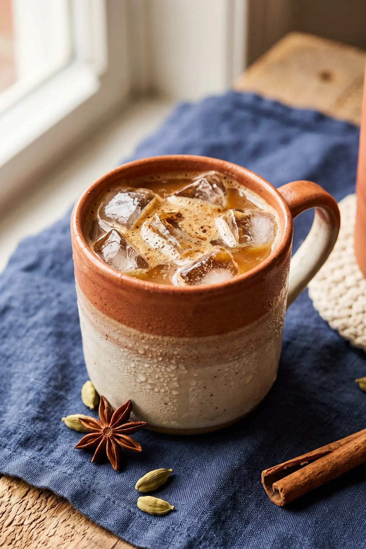 A glass of chai spice iced coffee