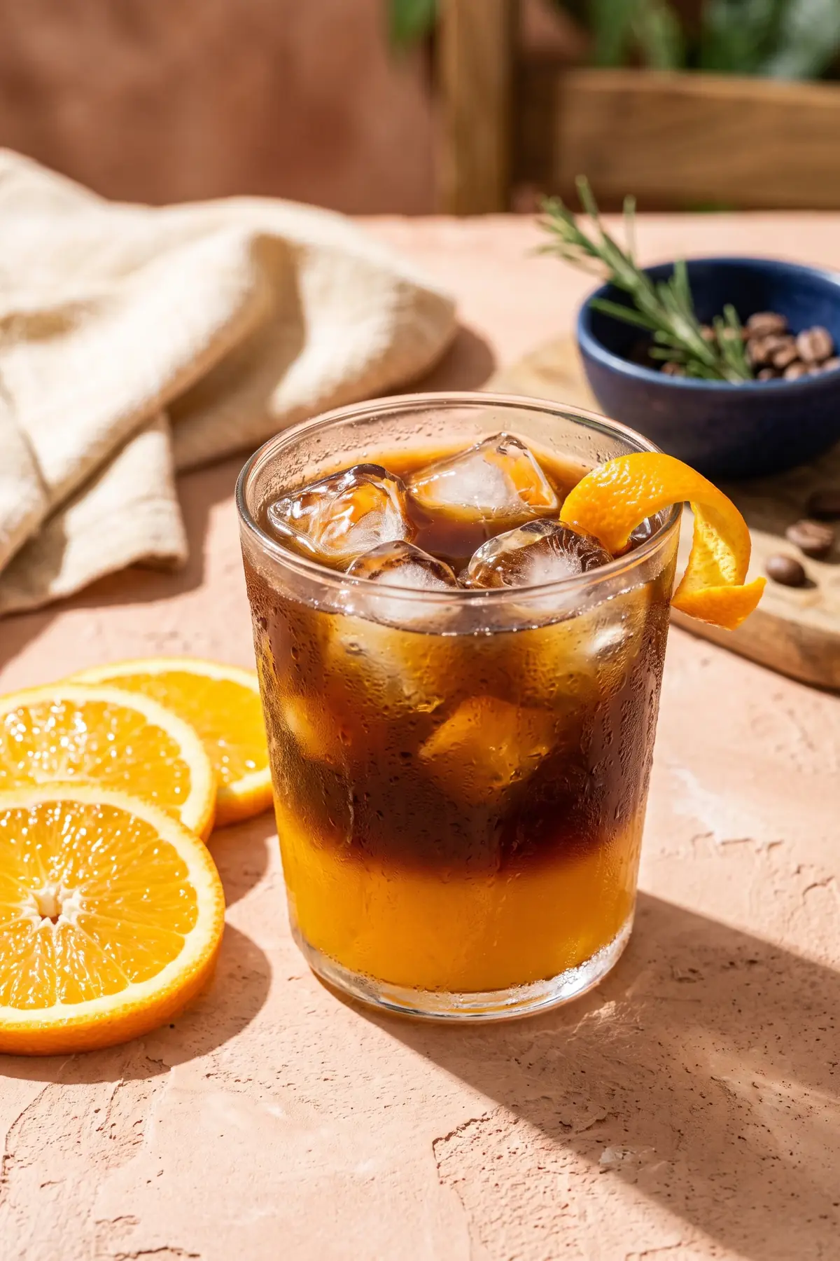 A glass of orange iced coffee
