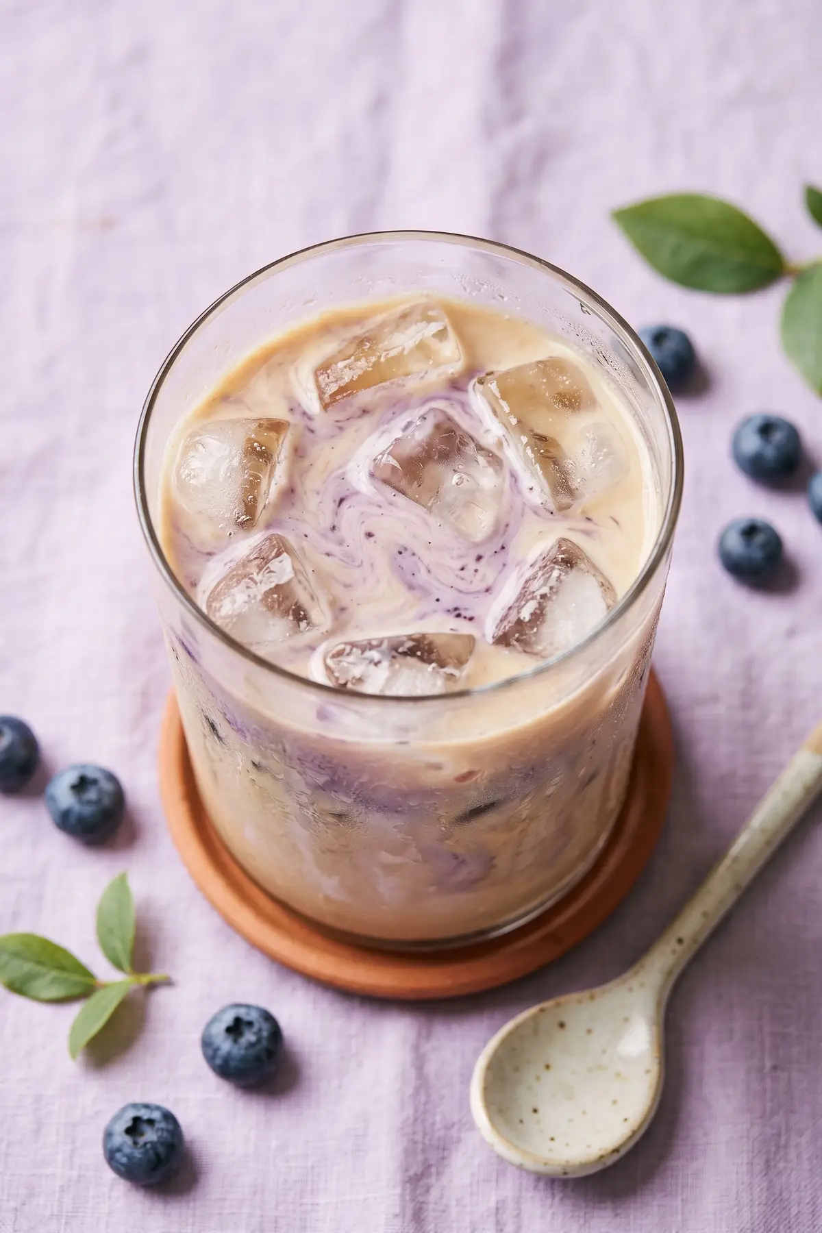 A glass of blueberry iced coffee