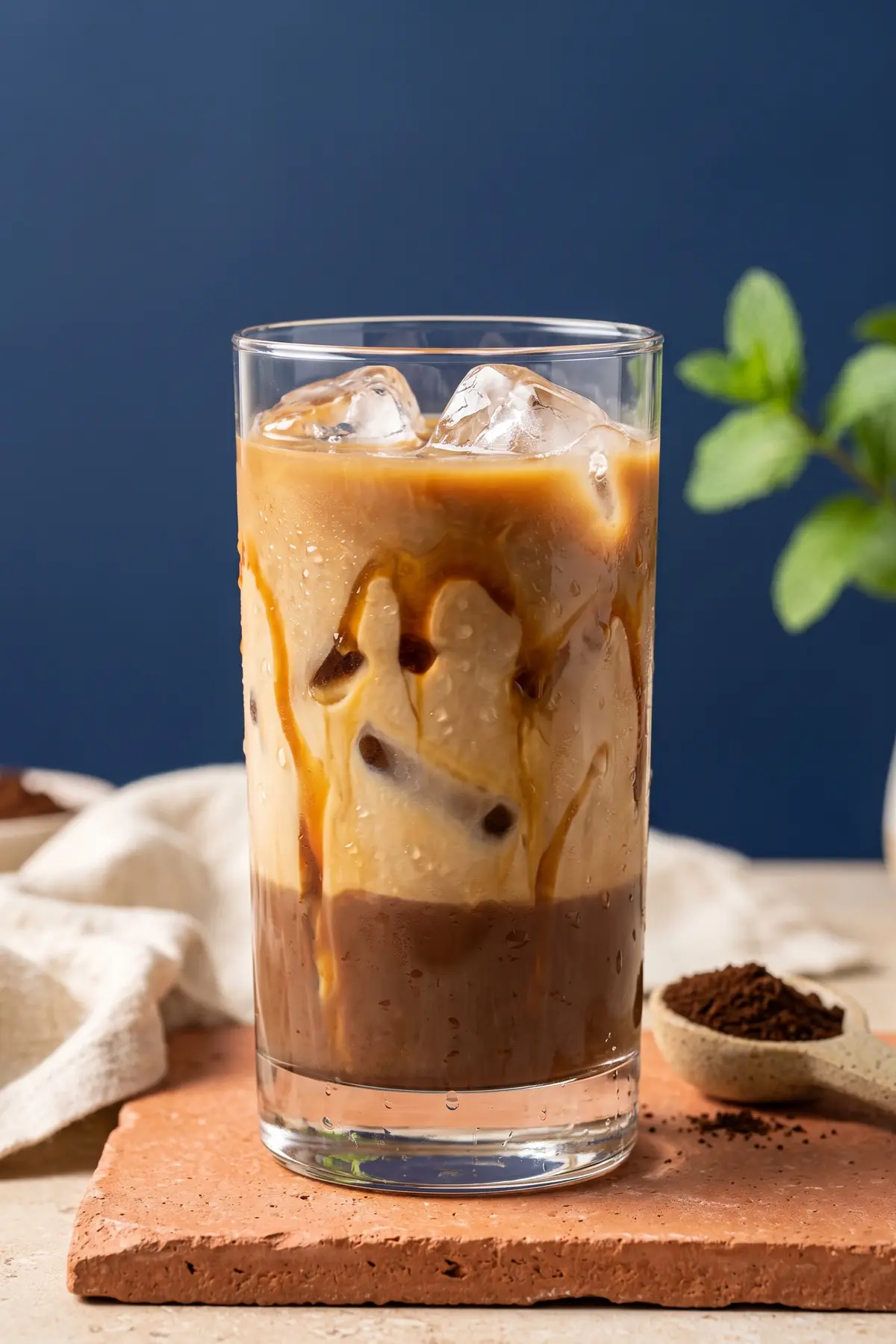 A glass of caramel and mocha iced coffee