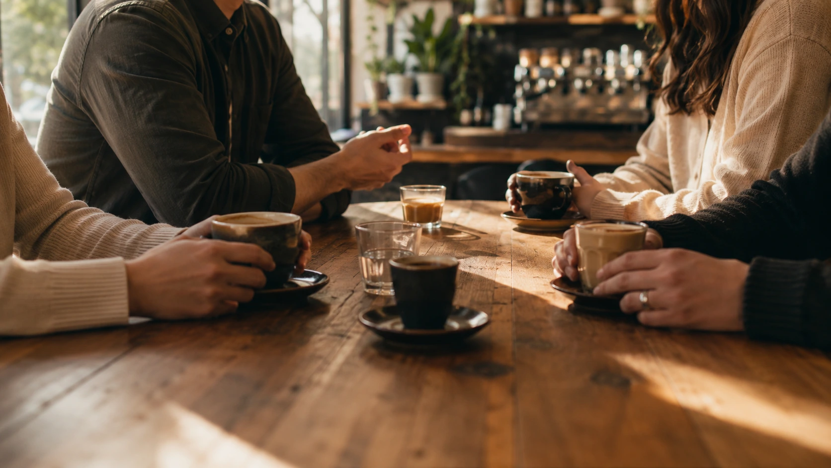 Orlando coffee community gathered around a communal table at a local coffee shop