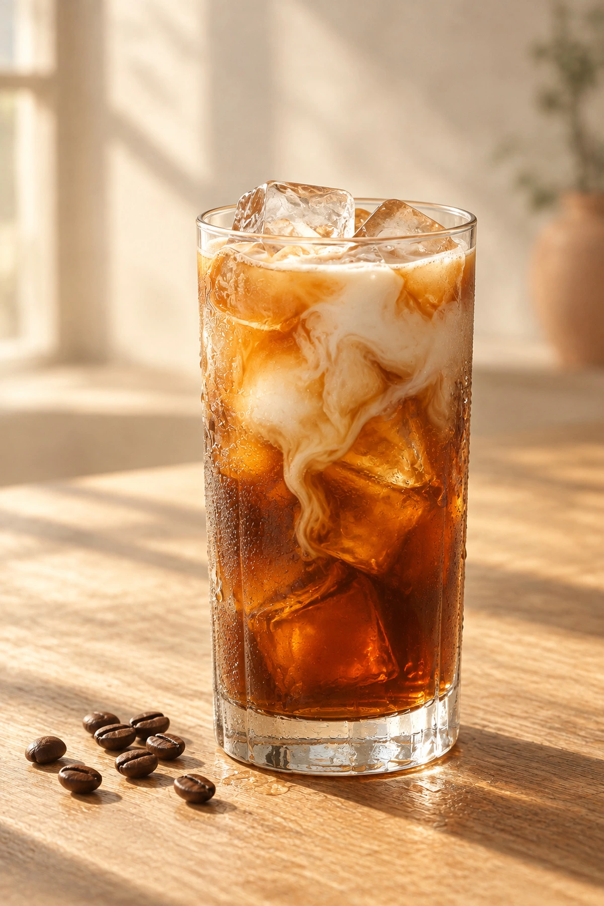 Classic iced coffee with a swirl of milk over ice, coffee beans on the table