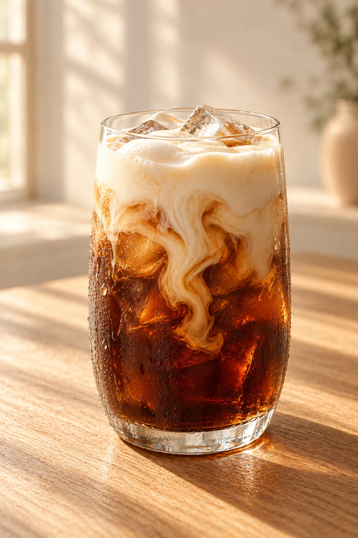 Cold brew topped with velvety cold foam drifting down into the coffee