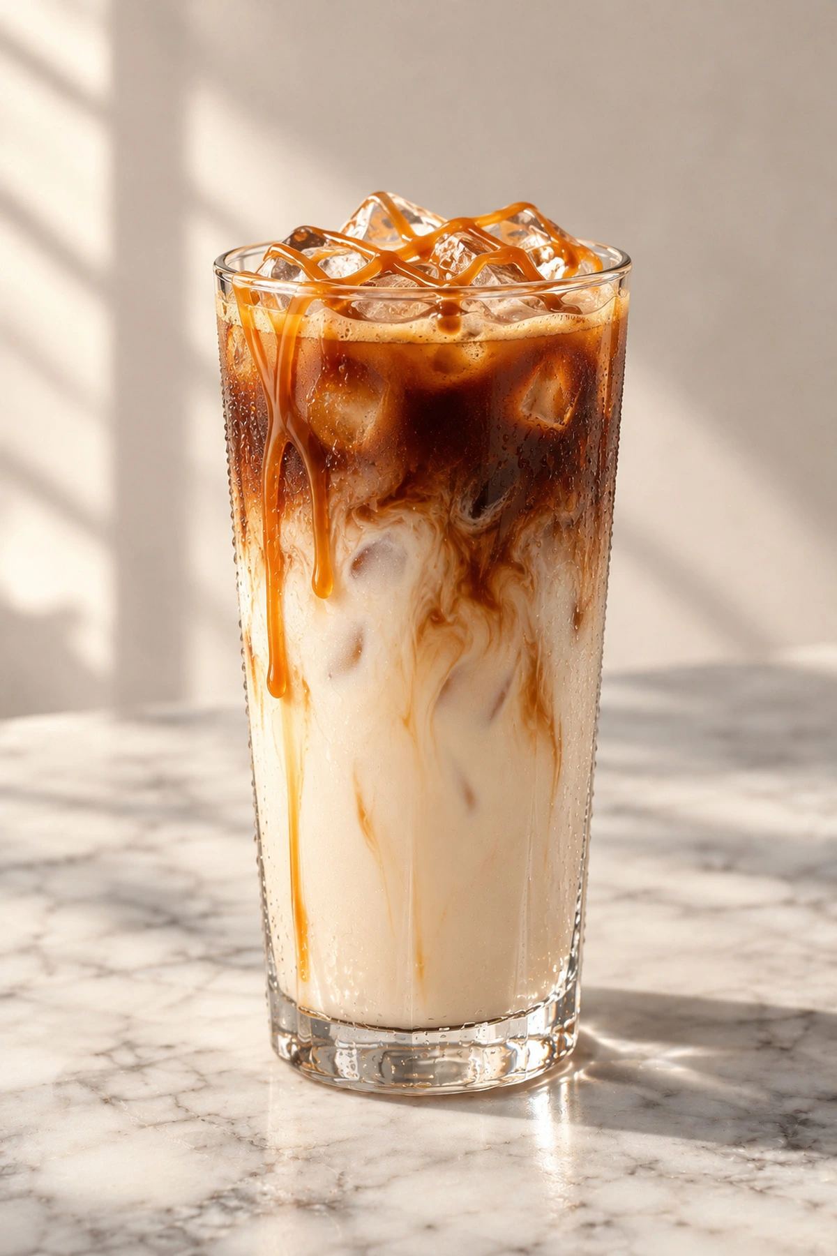A layered iced caramel macchiato with espresso over milk and a caramel drizzle