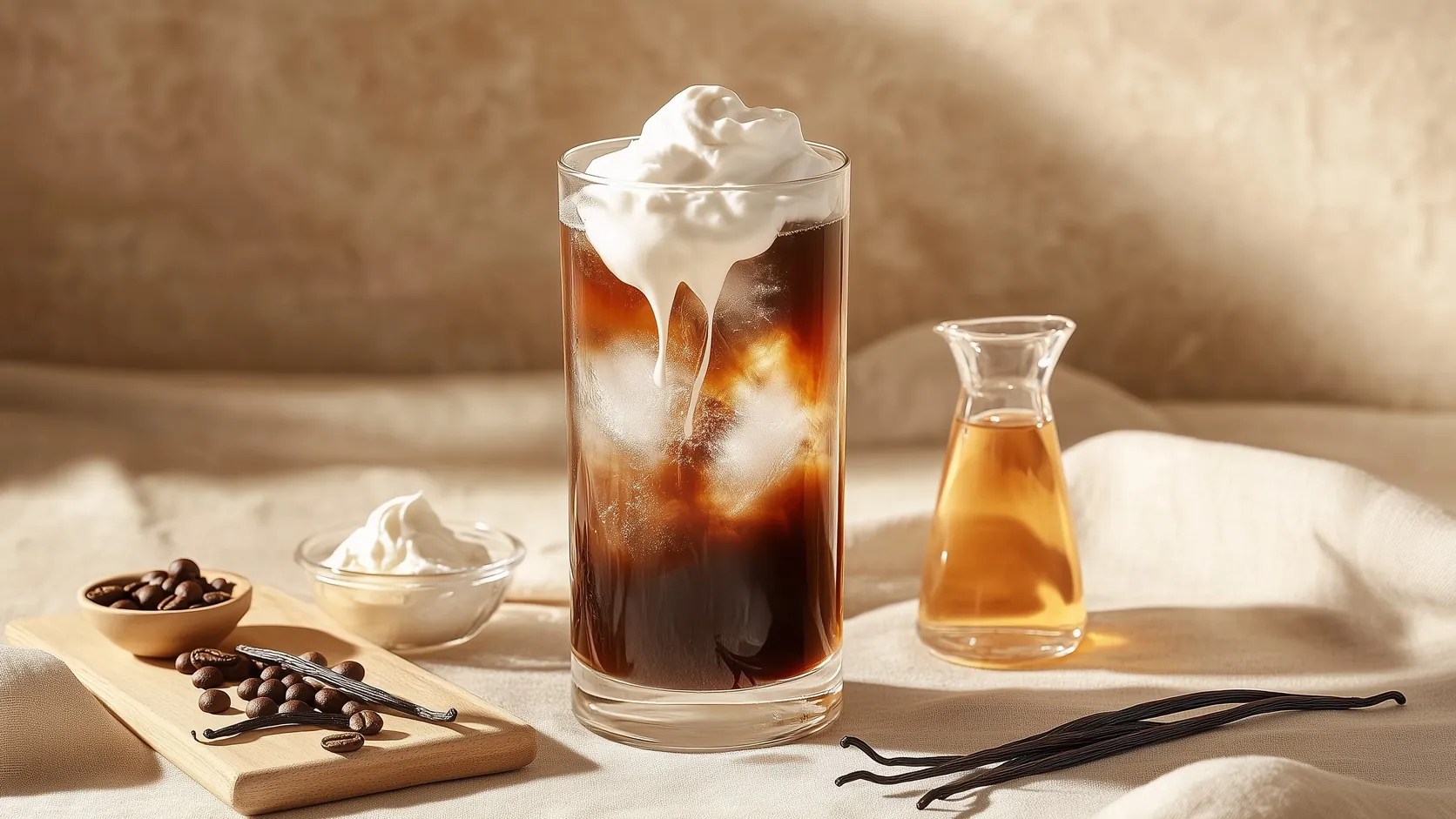 Vanilla sweet cream cold brew with cream cascading into the glass, beside vanilla beans and syrup