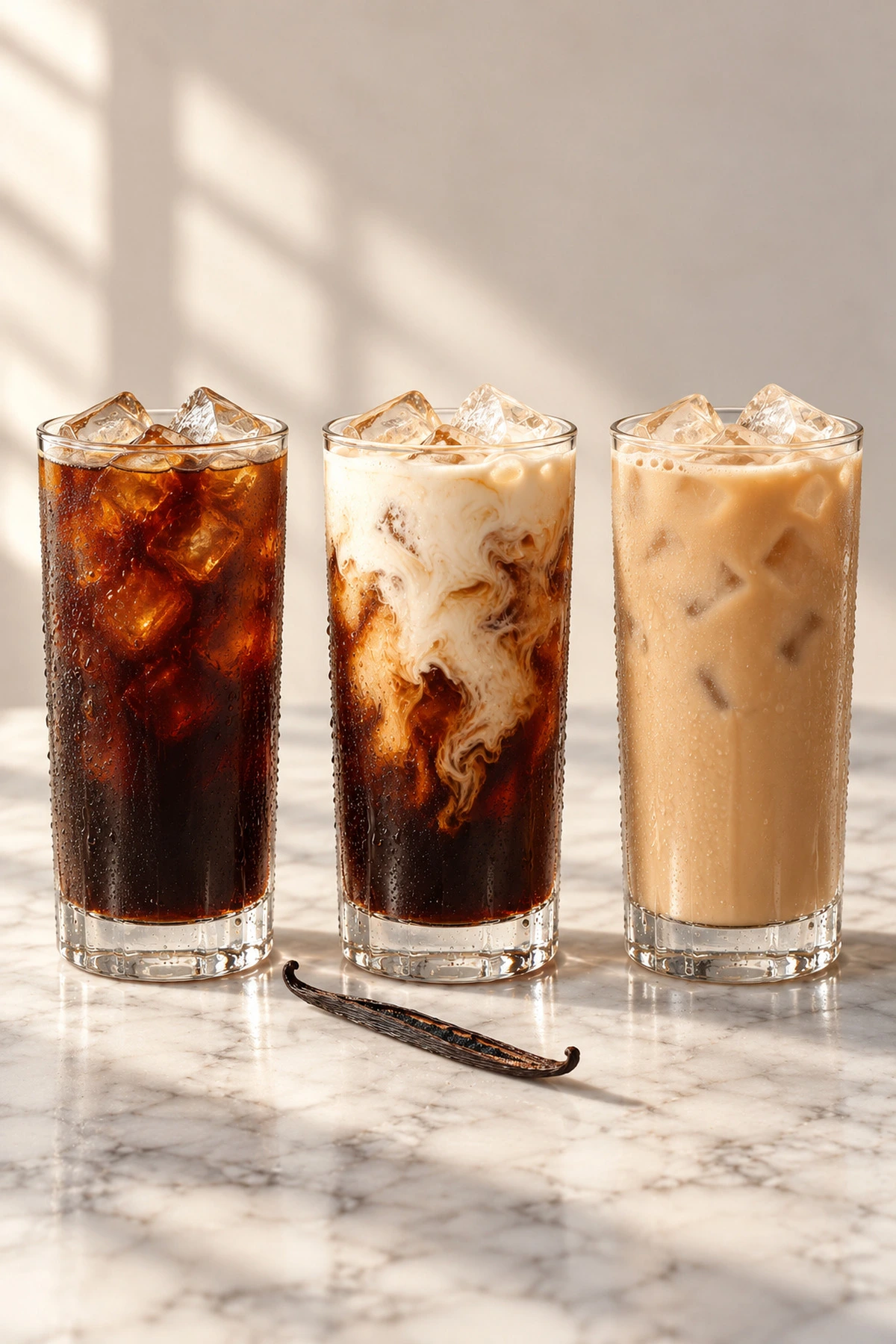 Vanilla cold brew, vanilla sweet cream cold brew, and a French vanilla iced coffee side by side