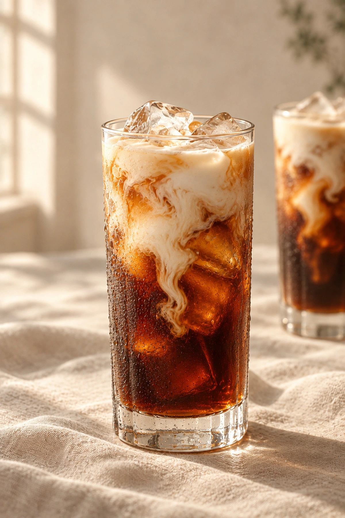 Vanilla sweet cream blooming down through cold brew over ice