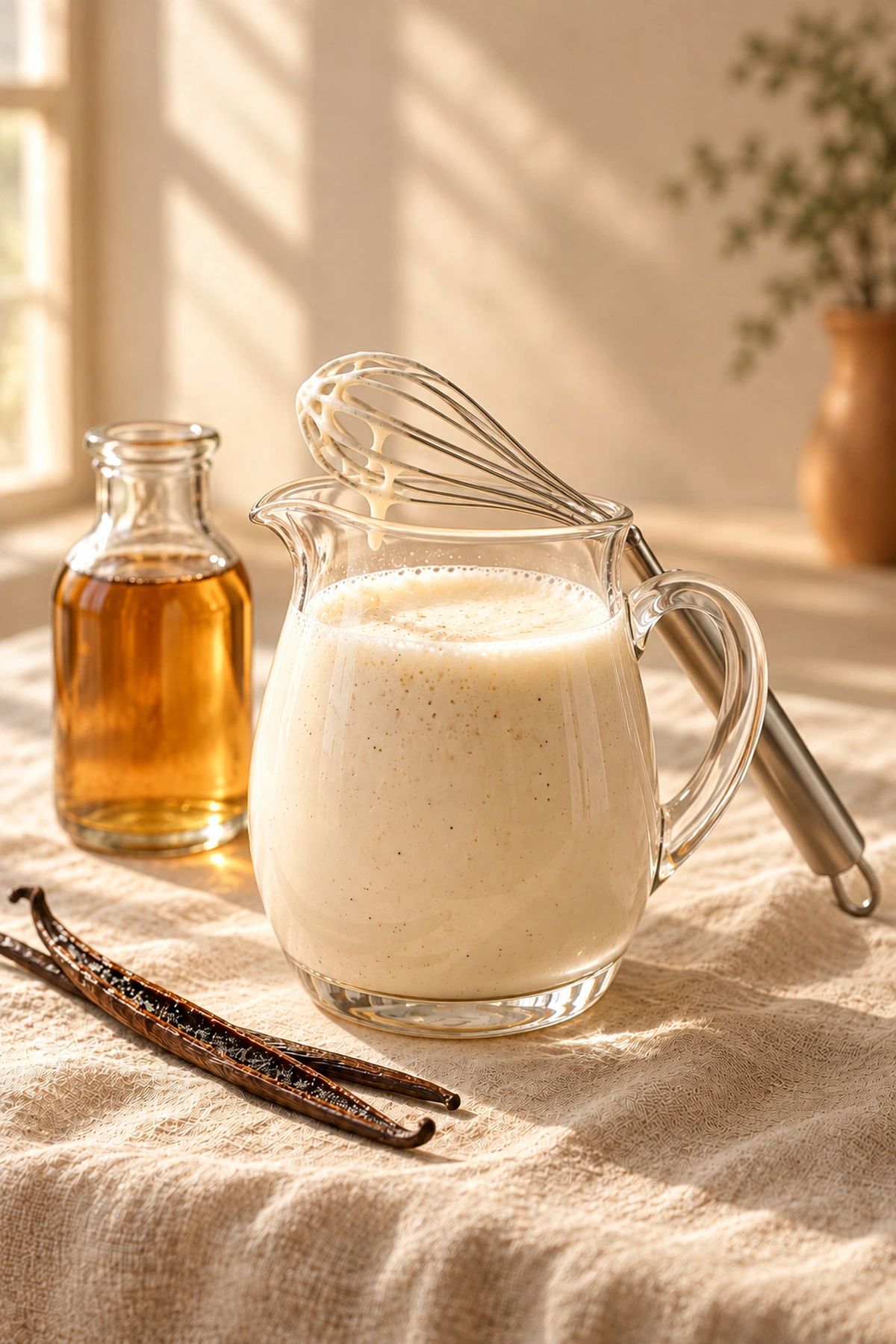 A pitcher of whisked vanilla sweet cream with vanilla syrup and vanilla beans