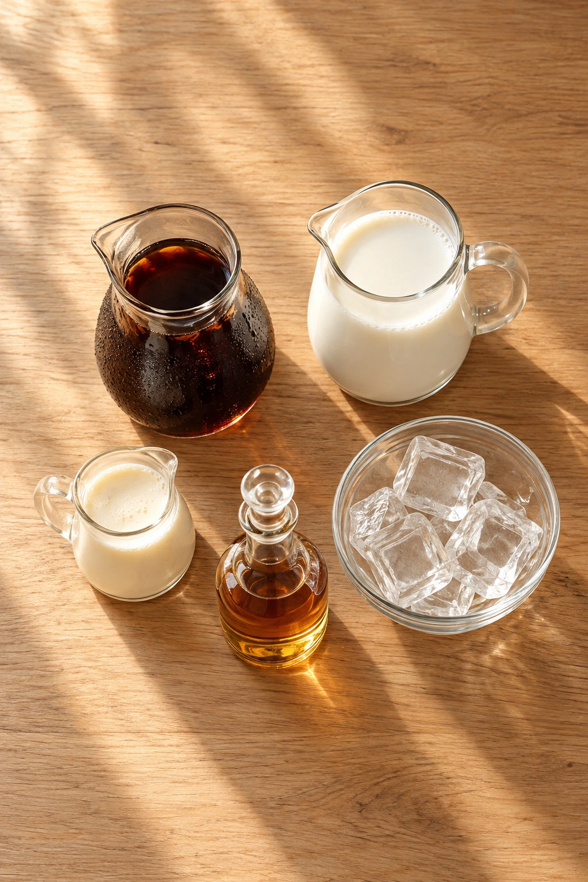 Ingredients for vanilla sweet cream cold brew: cold brew, milk, cream, vanilla syrup, and ice