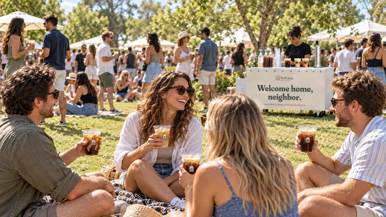 Friends on a lawn drink iced coffees with the branded welcome-home cart behind them