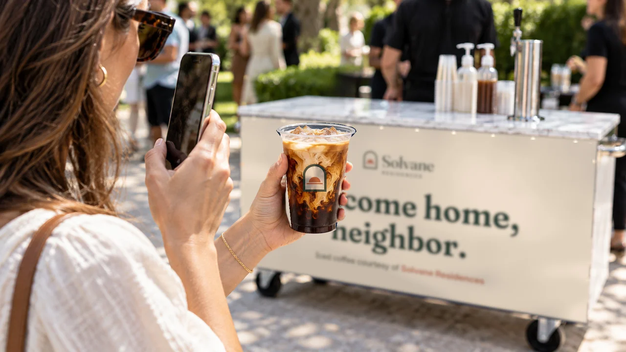 A guest photographs a branded iced coffee cup in front of the welcome-home cart