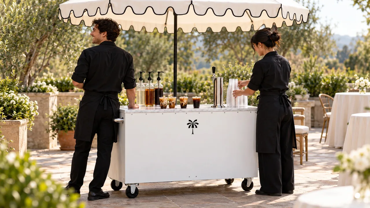 Two baristas set up a white coffee cart under an umbrella on a garden terrace