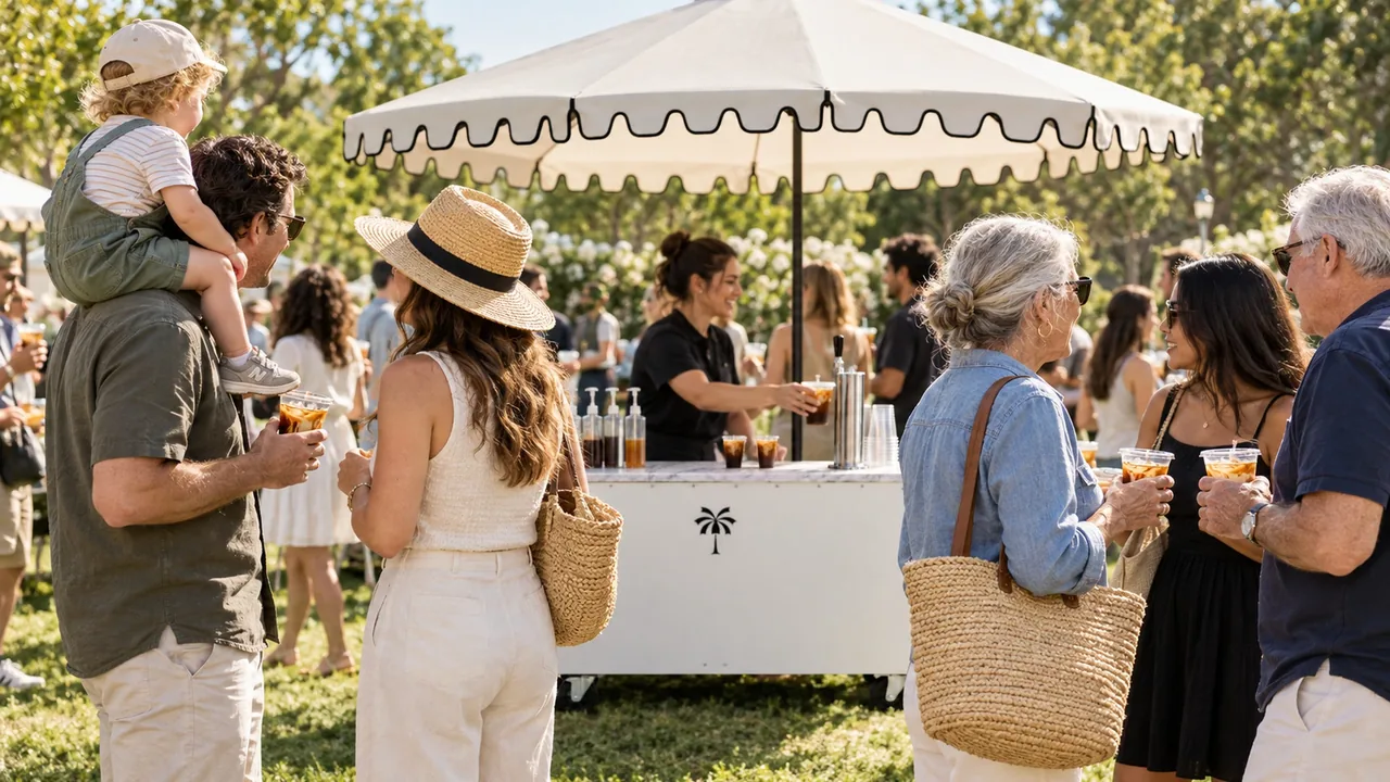 Guests holding iced coffees at a coffee cart under an umbrella on a lawn