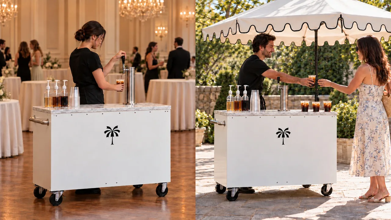 The coffee cart serving indoors in a ballroom and outdoors on a patio