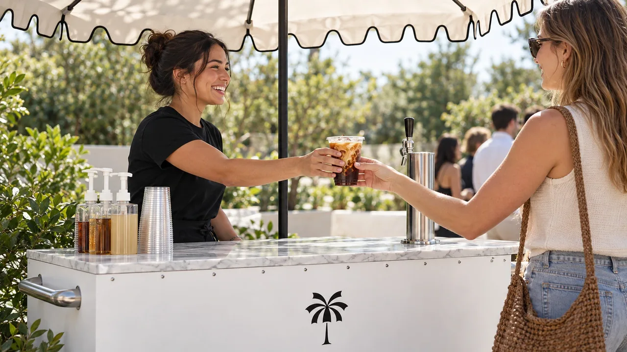 Smiling barista hands an iced coffee to a guest at the coffee cart