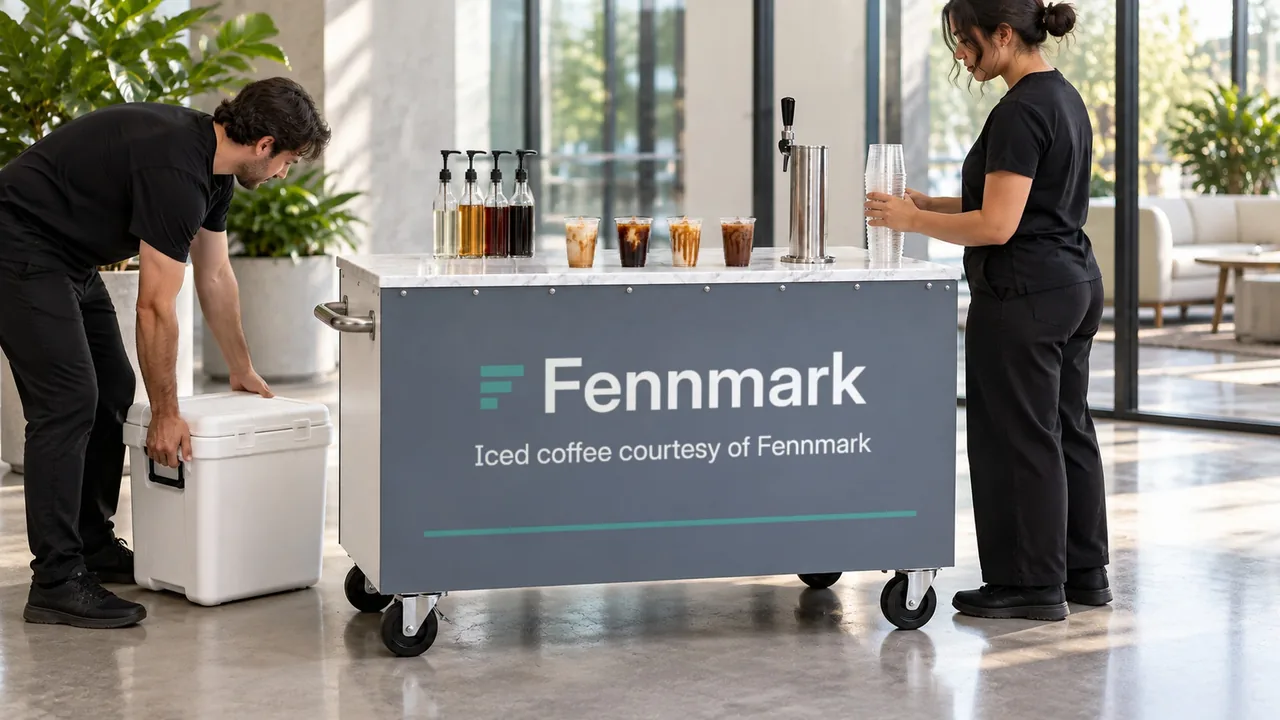 Two baristas set up a branded coffee cart with a cooler in an office lobby