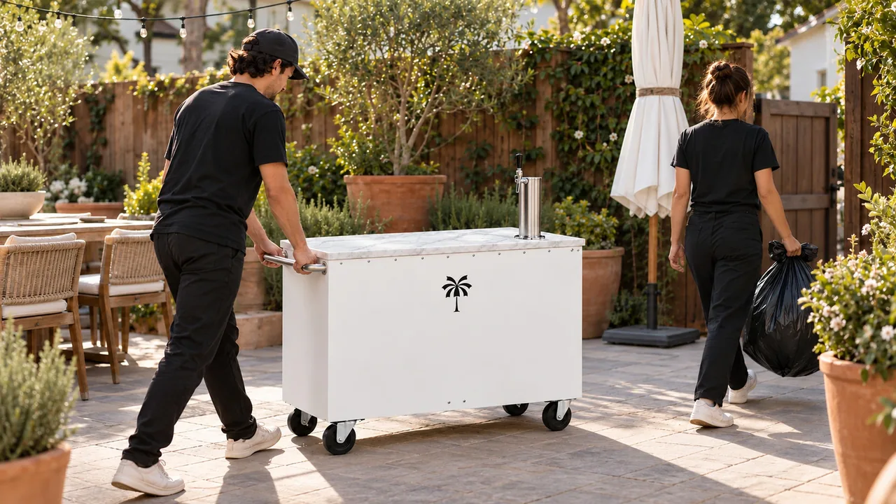 Crew wheels the coffee cart out and carries away trash after a backyard party
