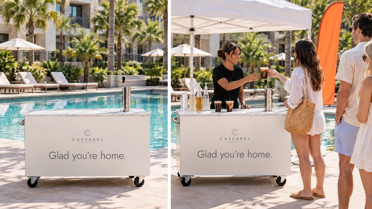 An empty pool deck beside a "Glad you’re home" coffee cart serving residents under a tent