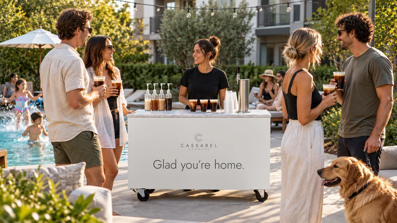 Residents chat with iced coffees at a "Glad you’re home" coffee cart on an apartment pool deck