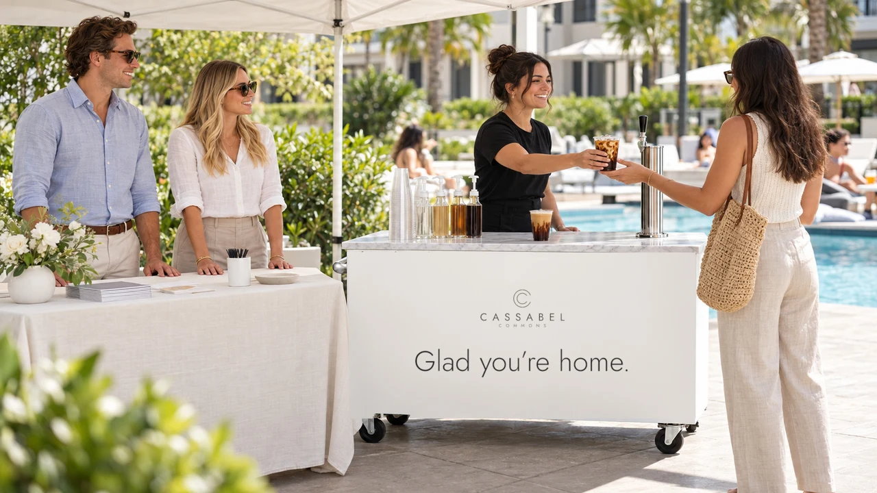 The leasing team greets residents beside a branded coffee cart on the pool deck