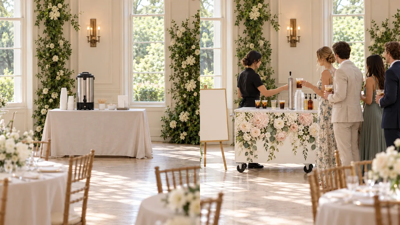 Coffee urn on a reception table beside a floral coffee cart serving wedding guests