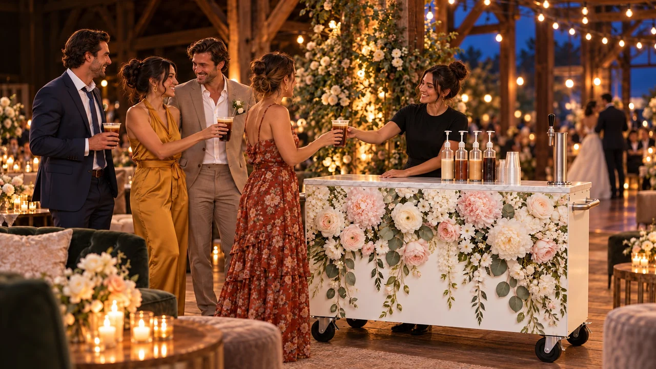 Guests take iced coffees from a floral cart at a candlelit evening reception