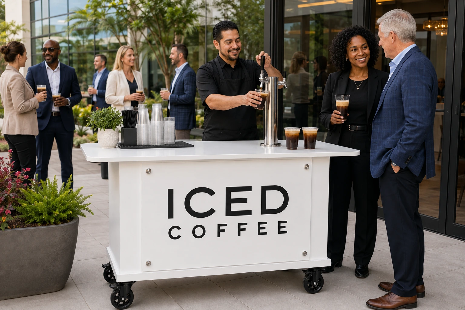 Mabu baristas serving nitro iced coffee to guests during a busy Orlando corporate event.