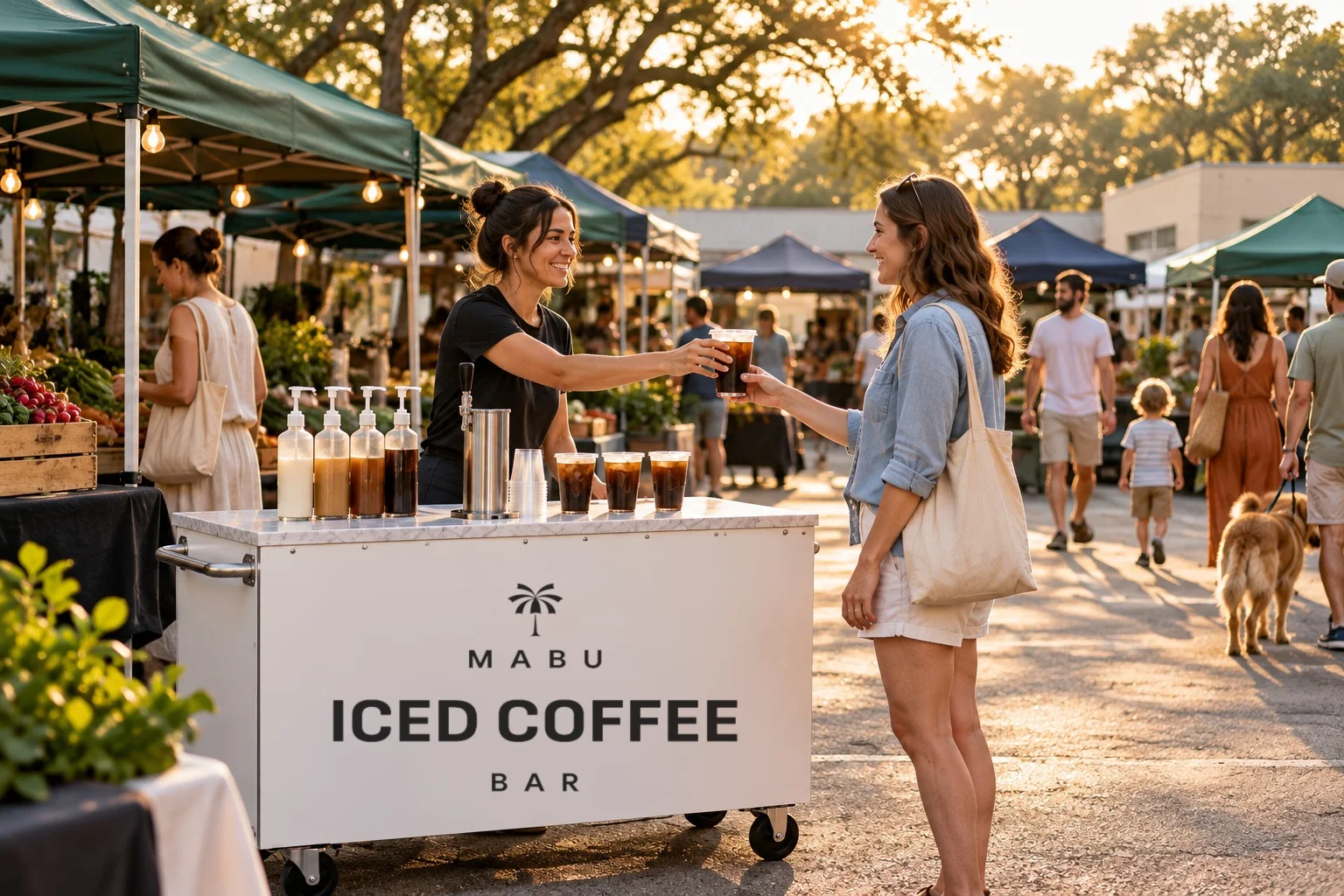 A barista hands an iced coffee to a shopper at the Mabu iced coffee cart in a sunny market aisle