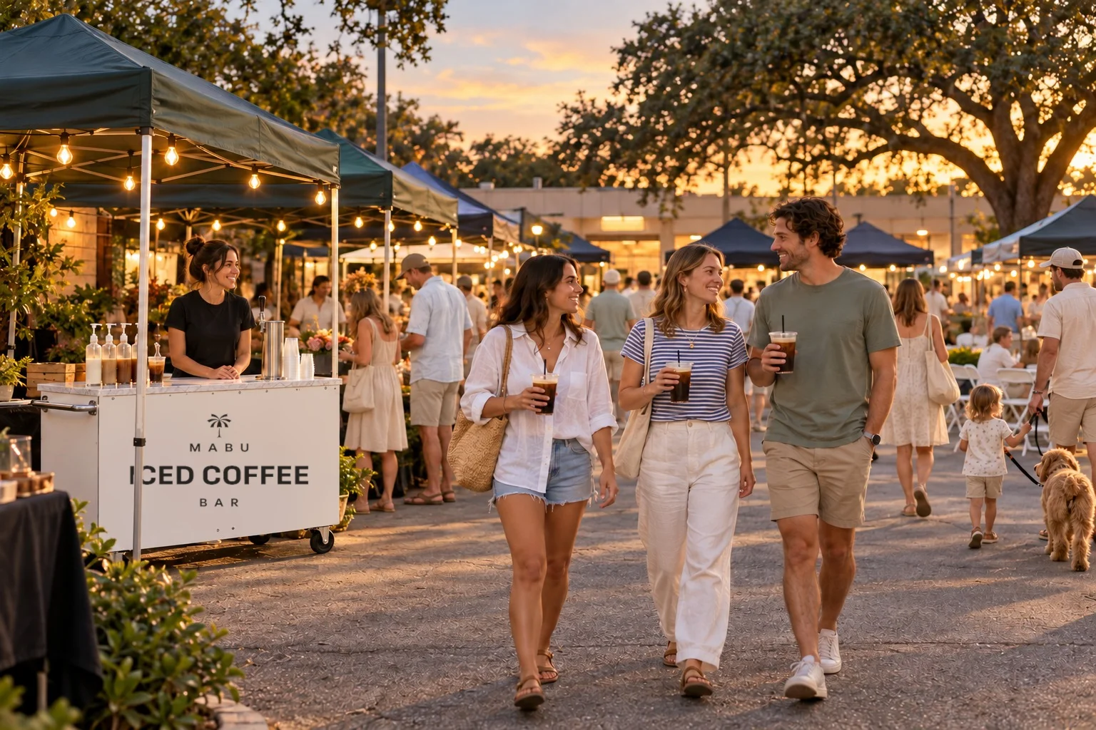 Friends with iced coffees stroll a market aisle past the Mabu cart at dusk
