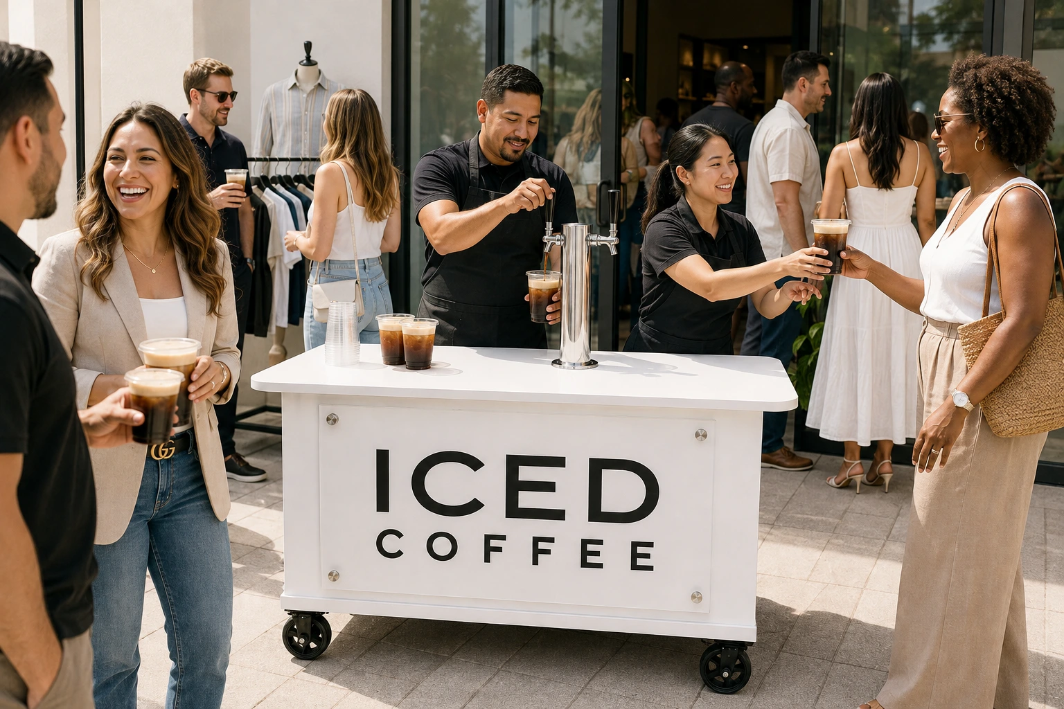Mabu baristas serving nitro iced coffee to guests at a busy Orlando retail grand opening.
