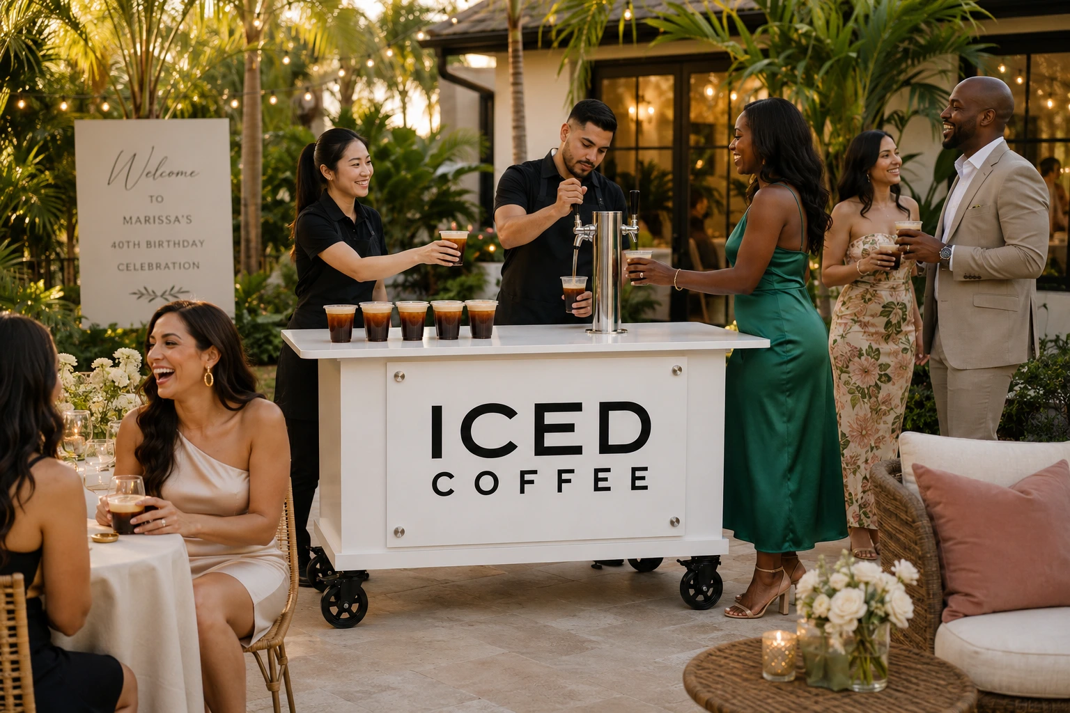 Iced coffee cart at a wedding reception